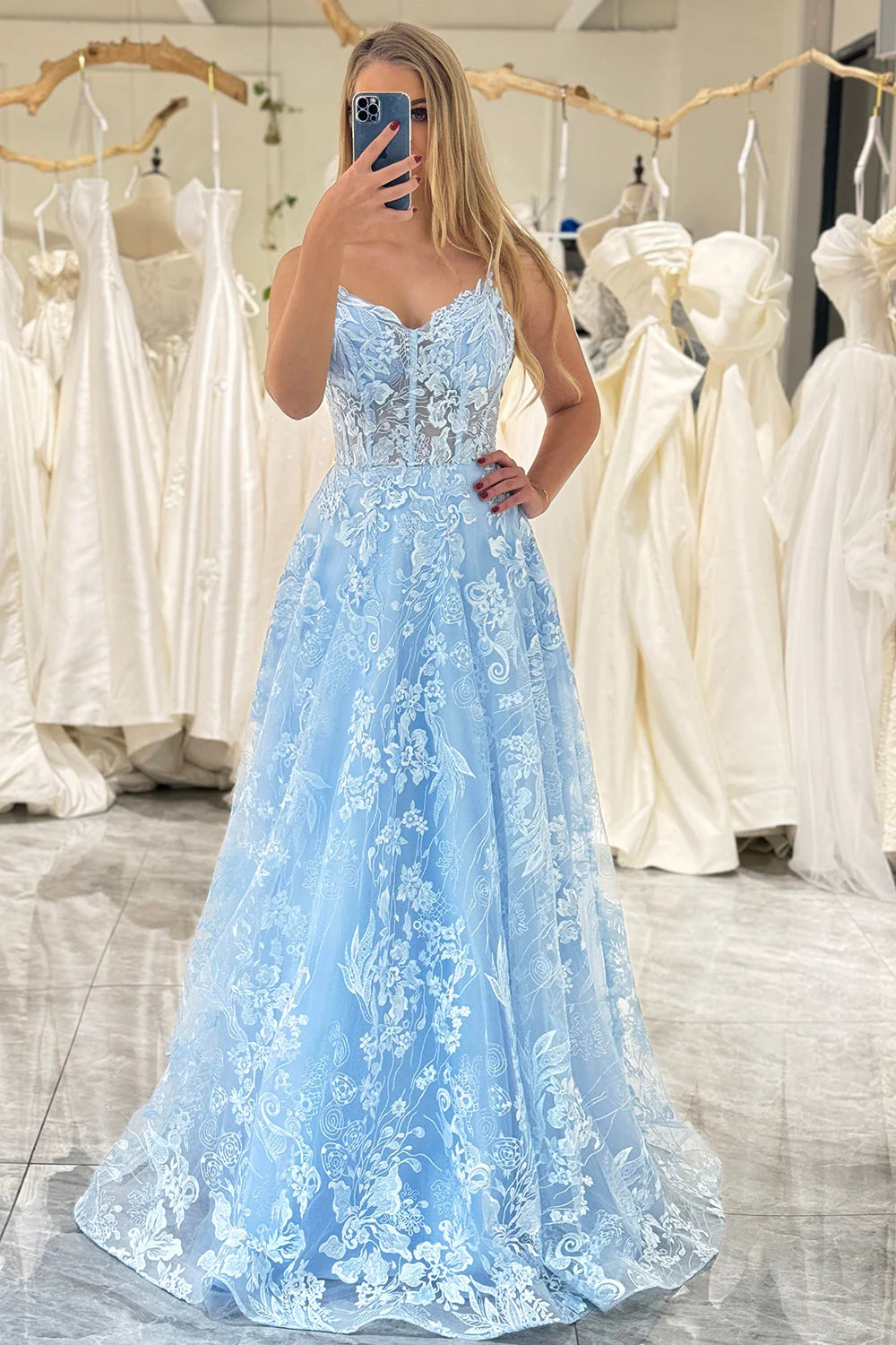 Mermaid Spaghetti Straps Long Blue Prom Dress With Appliques